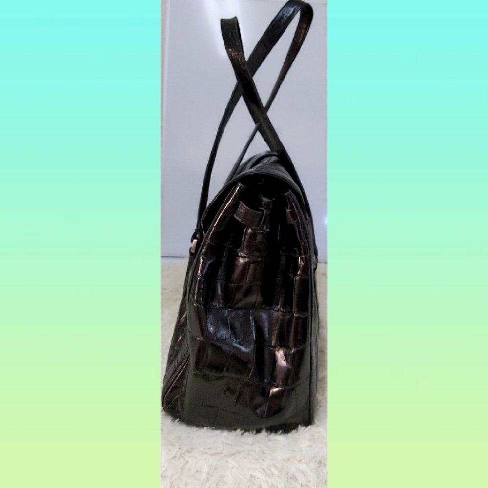 ✨✨ANN TAYLOR BLACK EMBOSSED CROC LEATHER TOTE BAG - Picture 4 of 8